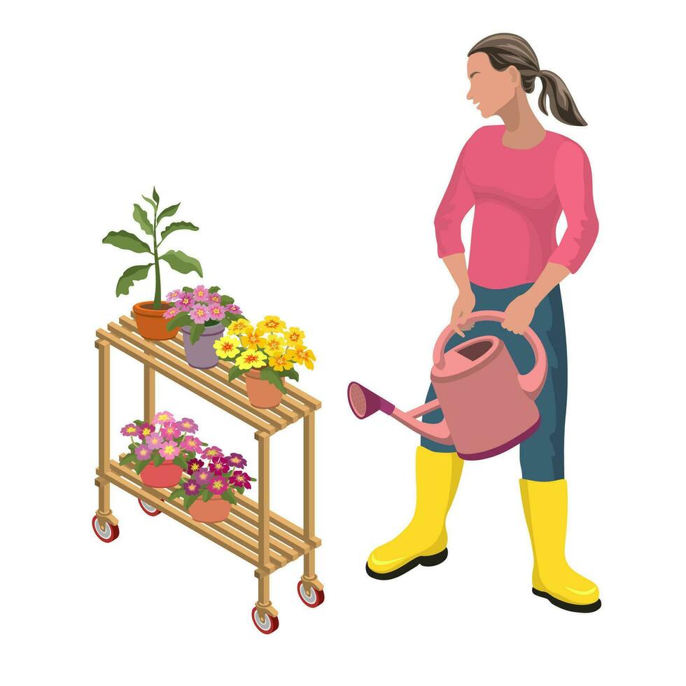 uma jovem mulher leva Cuidado do plantas. isométrico vetor ilustração.