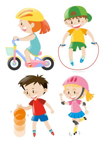 Crianças fazendo diferentes tipos de exercícios vetor