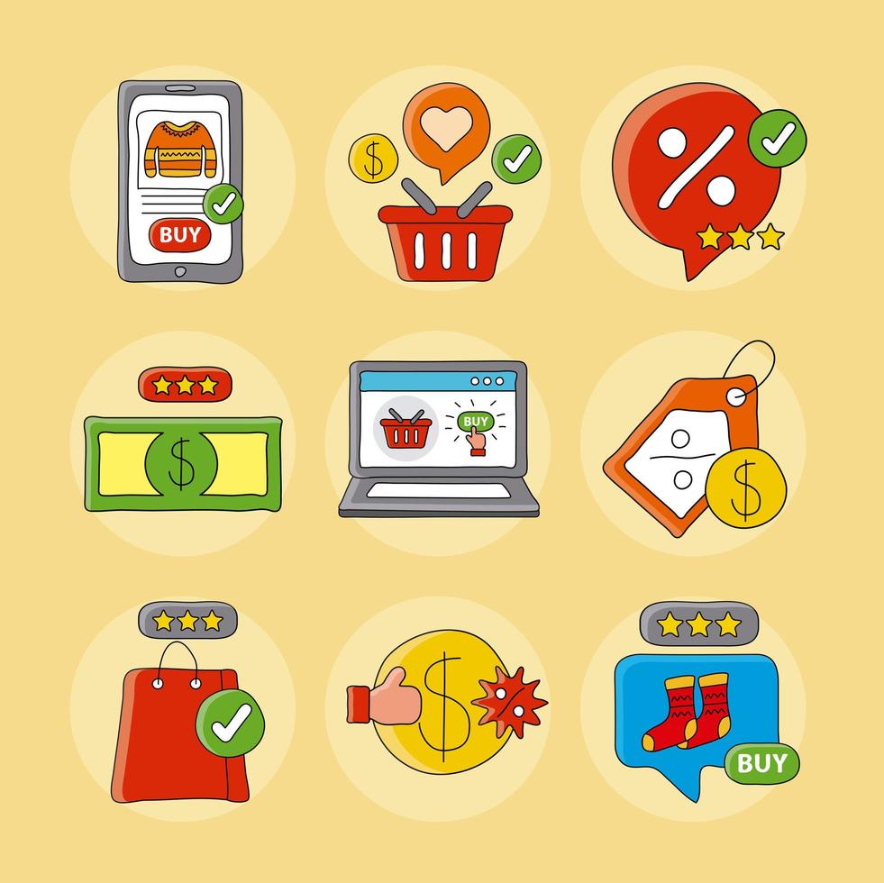 pacote de ícones de conjunto de tecnologia de compras online vetor