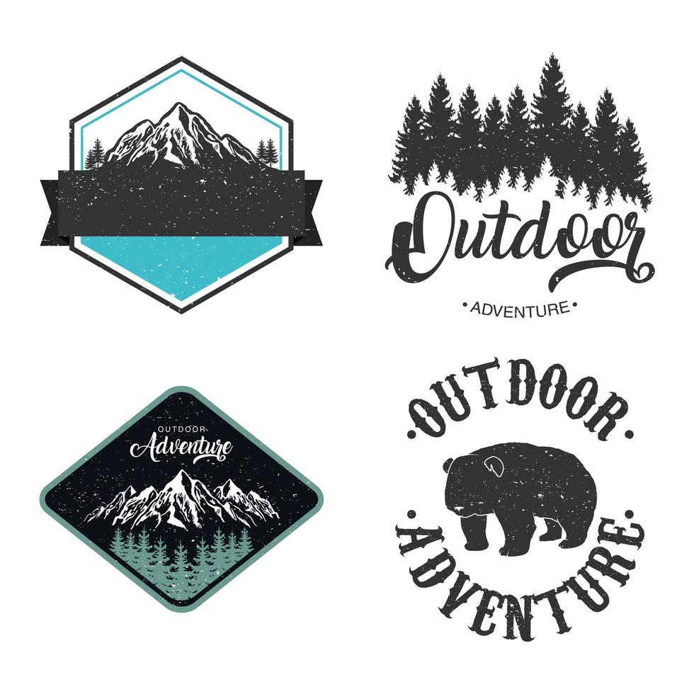 pacote de quatro emblemas de letras de aventura ao ar livre com urso e montanhas vetor