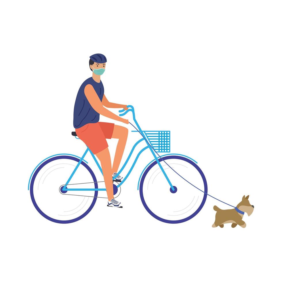 jovem usando máscara médica em bicicleta com cachorro vetor
