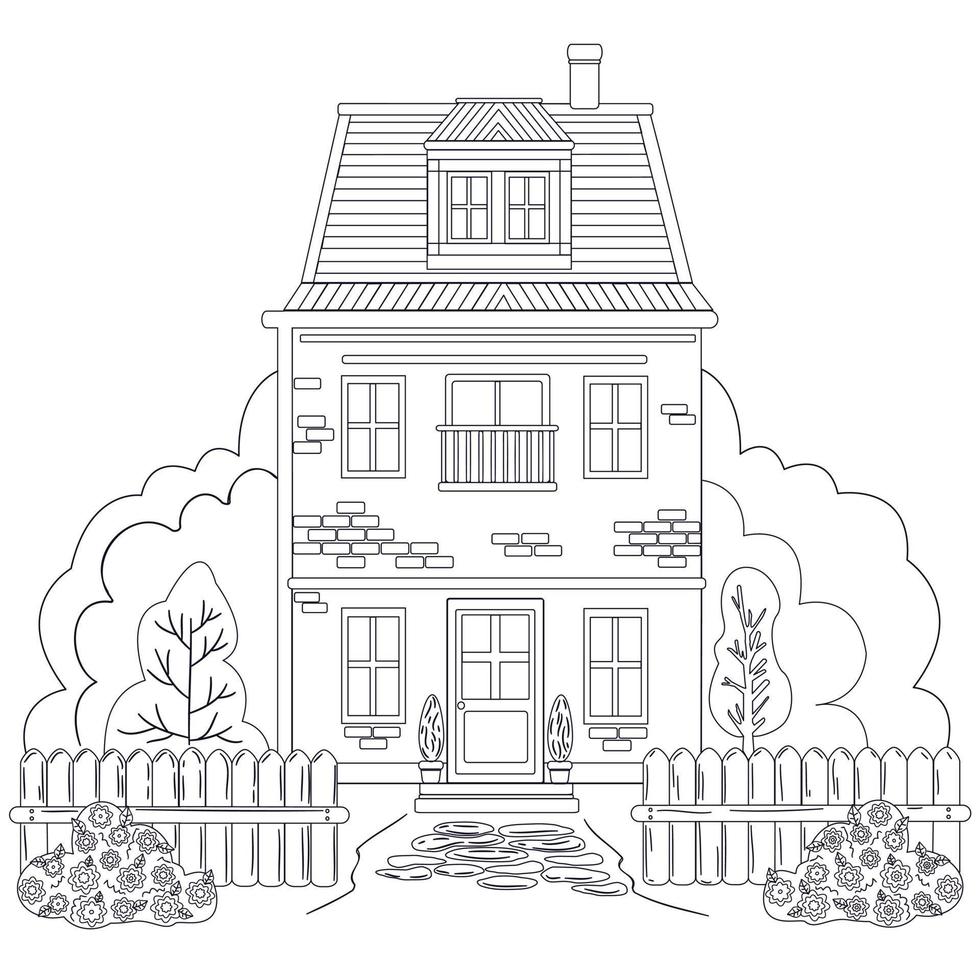 colorir desenho preto e branco anti-stress. casa de dois andares com varanda, cerca e vegetação ao redor, arbustos com flores. ilustração vetorial para colorir, isolada no fundo branco vetor
