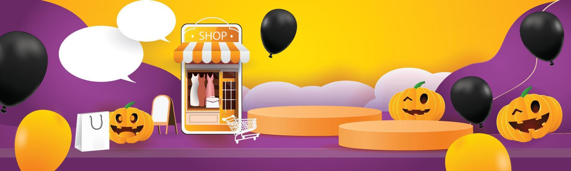compras online halloween fundo laranja no telefone férias vector illustation palco pódio marketing de produto