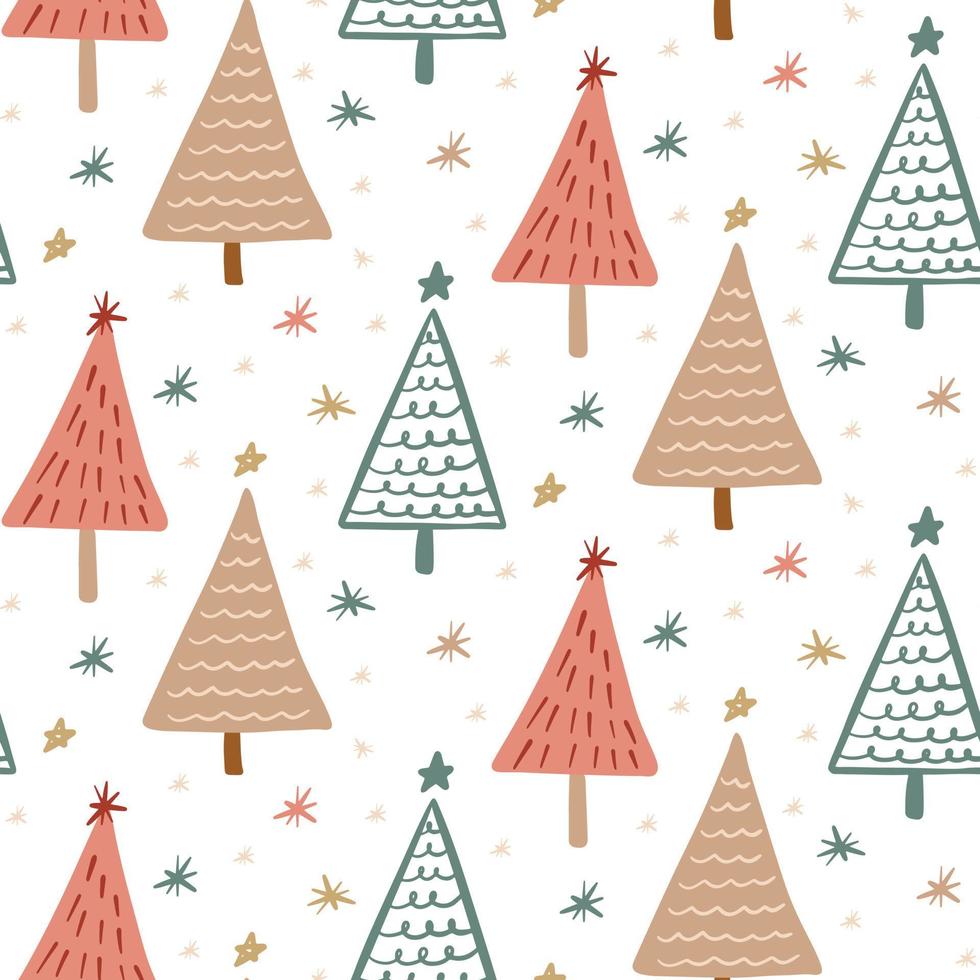 fofo boho inverno temporada férias infantil padrão sem emenda com doodle minimalista mão desenhada árvore de Natal. lindo ano novo crianças design de fundo ingênuo, impressão têxtil vetor