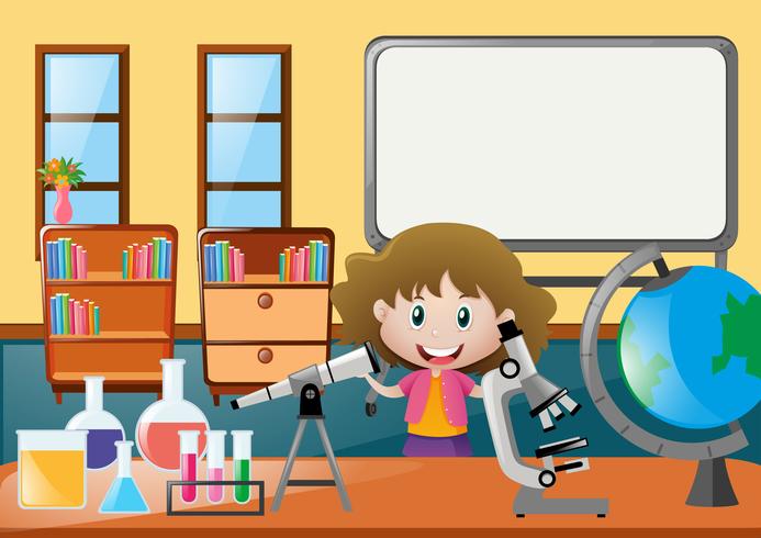 Menina e diferentes ciências epuipments em sala de aula vetor