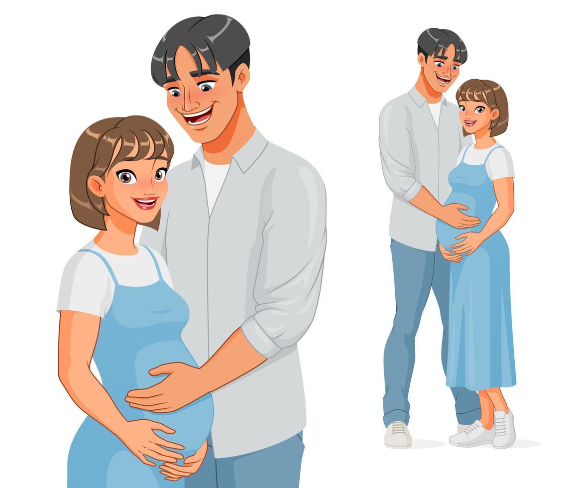 ilustração vetorial feliz homem asiático segurando a barriga de sua esposa grávida vetor