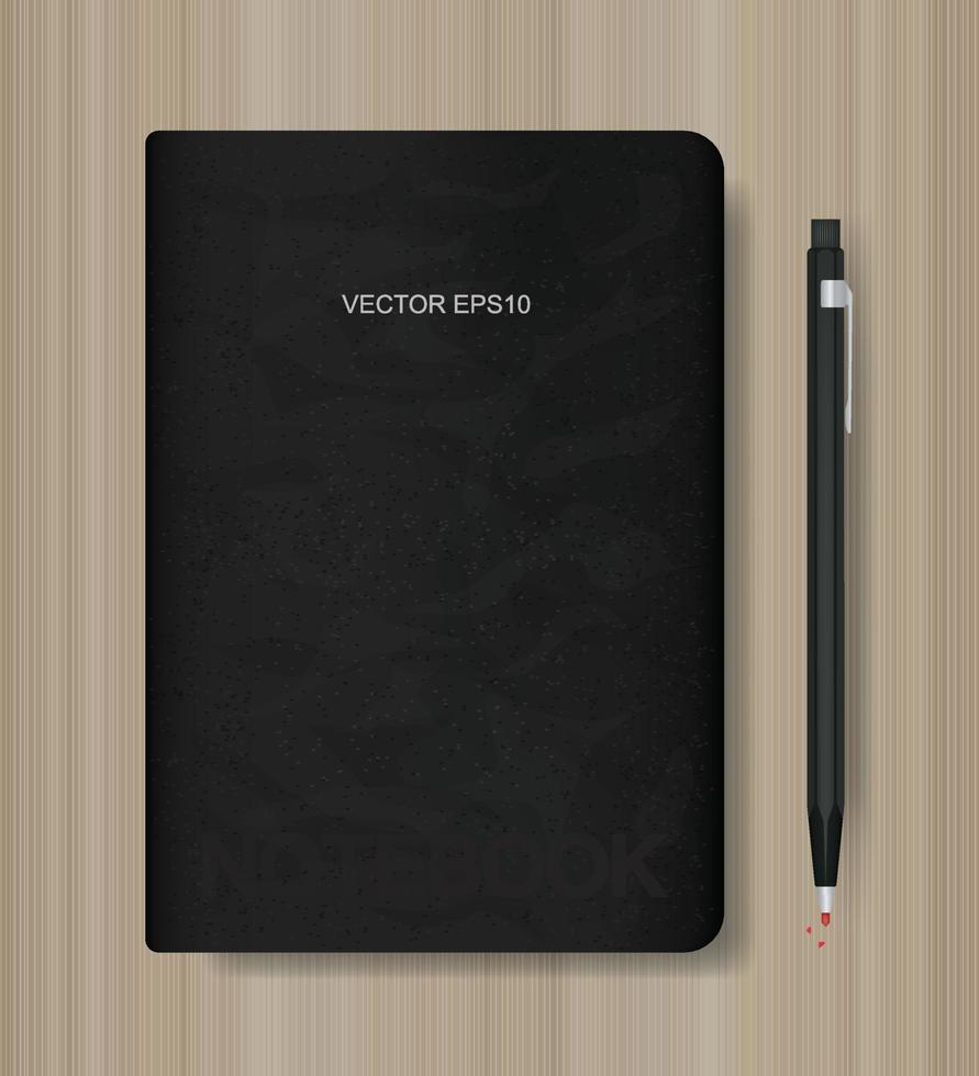 caderno preto e lápis metálico em fundo de madeira. vetor. vetor