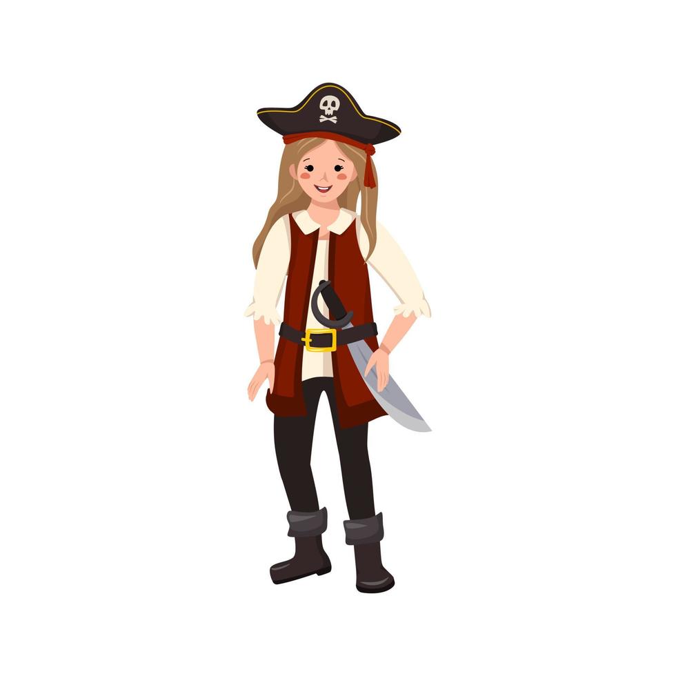 garota pirata feliz com sabre e chapéu armado. criança alegre em fantasia de carnaval acenando a espada. roupas festivas para halloween, feriado e design infantil vetor