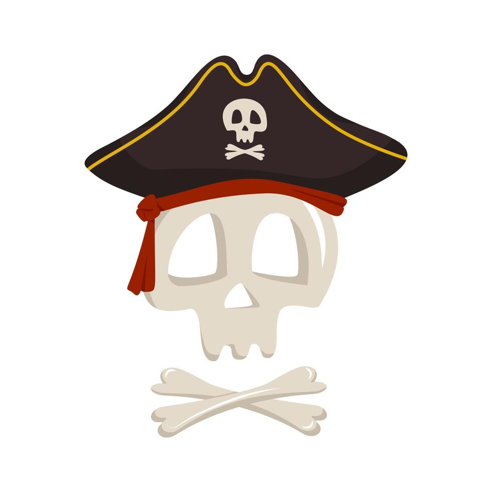 crânio de esqueleto e ossos cruzados em chapéu armado de pirata. item para halloween, feriado e design vetor
