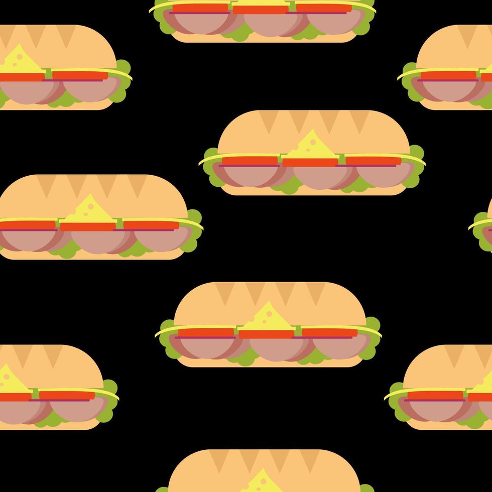 Padrão sem emenda de sanduíche longo hoagie, fast food em fundo preto vetor