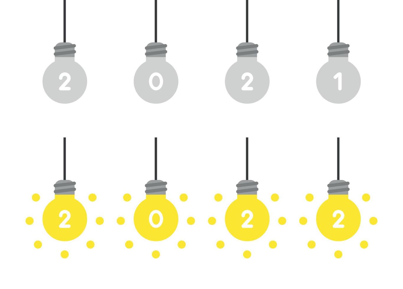 conceito de vetor de ano novo, cinza pendurado em 2021 lâmpadas e incandescentes pendurado em 2022 lâmpadas