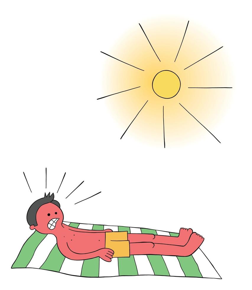 desenho animado tomando sol na praia por horas e quando ele acorda, todo o seu corpo está queimado ilustração vetorial vermelho vetor