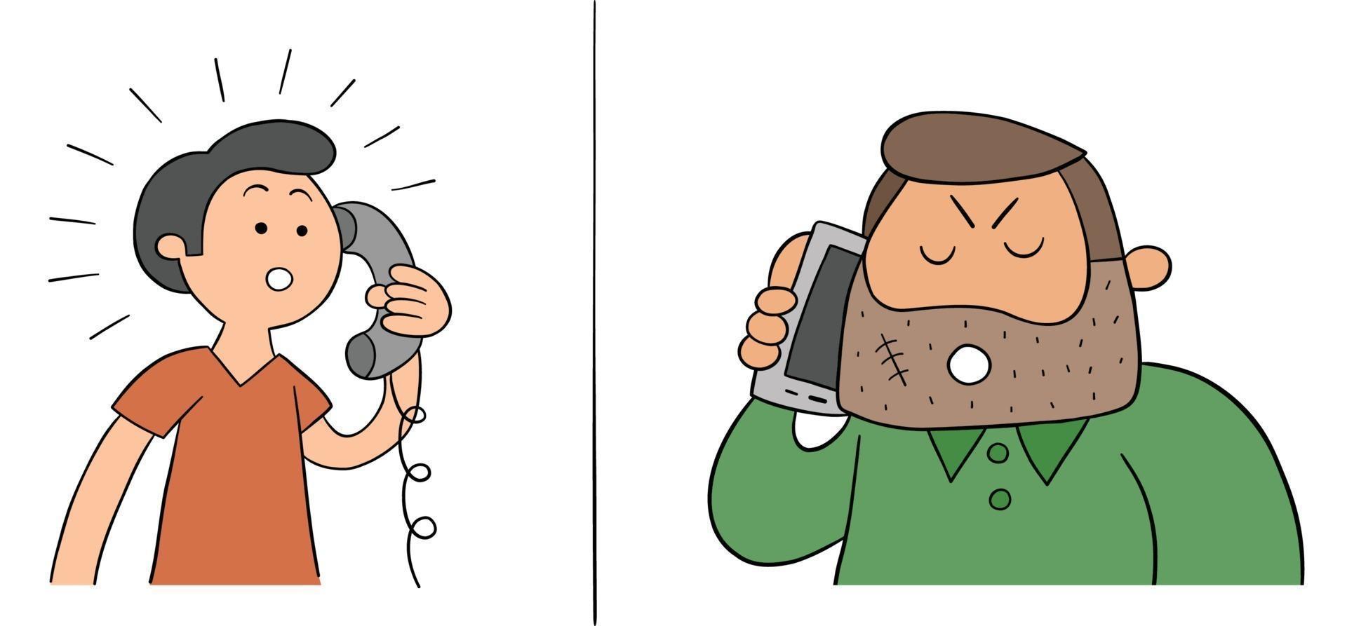 homem culpado de desenho animado está ameaçando outro homem ao telefone, ilustração vetorial vetor