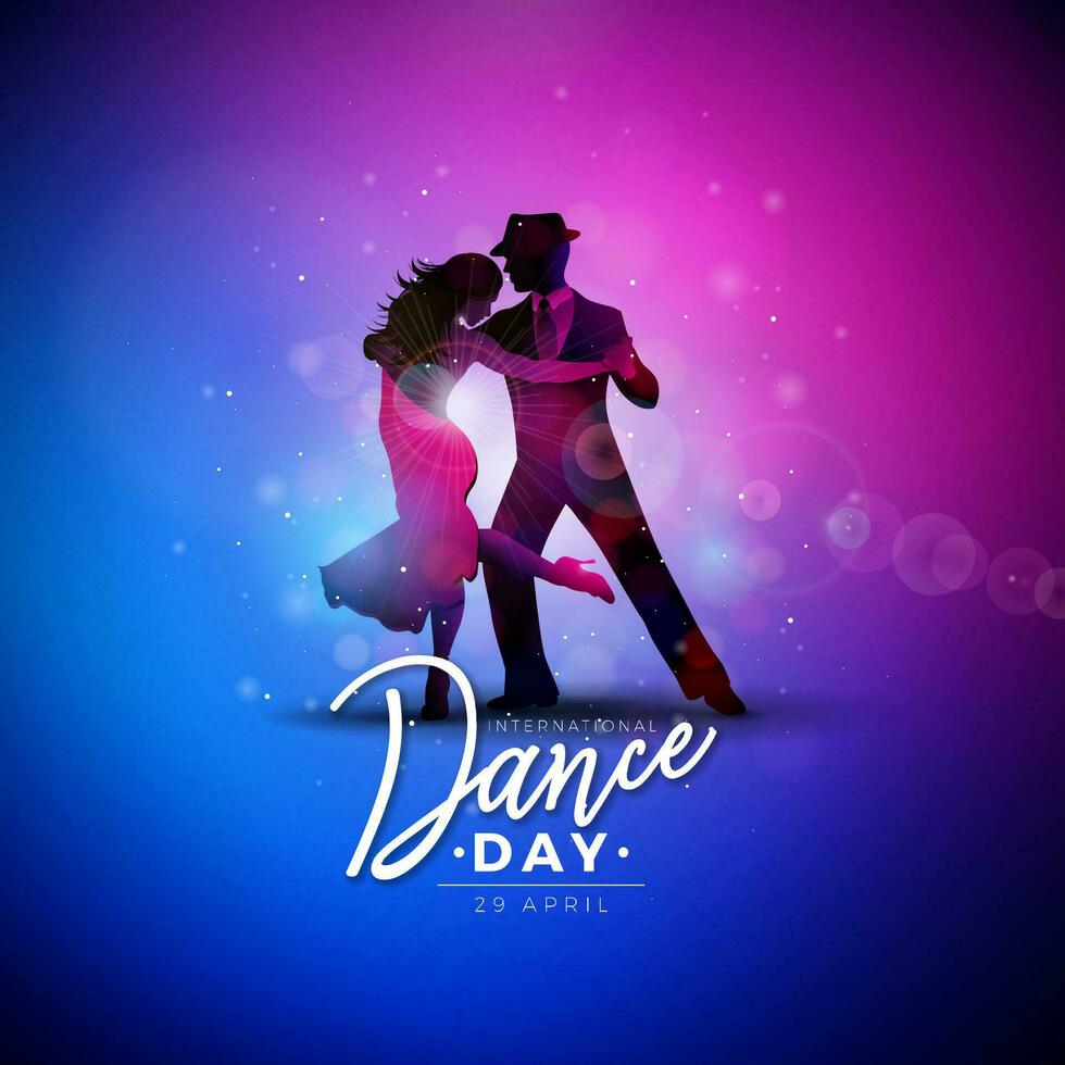 internacional dança dia vetor ilustração com tango dançando casal em brilhante colorida fundo. Projeto modelo para bandeira, folheto, convite, folheto, poster ou cumprimento cartão.