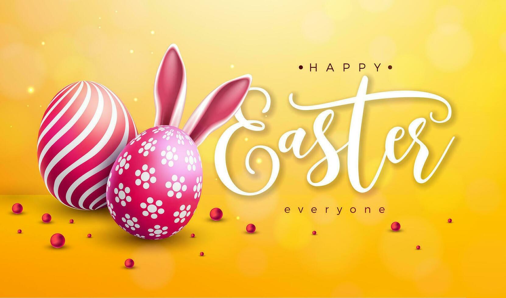 vetor ilustração do feliz Páscoa feriado com colorida pintado ovo e Coelho orelhas em brilhante amarelo fundo. Páscoa dia celebração Projeto com tipografia carta para folheto, cumprimento cartão, bandeira