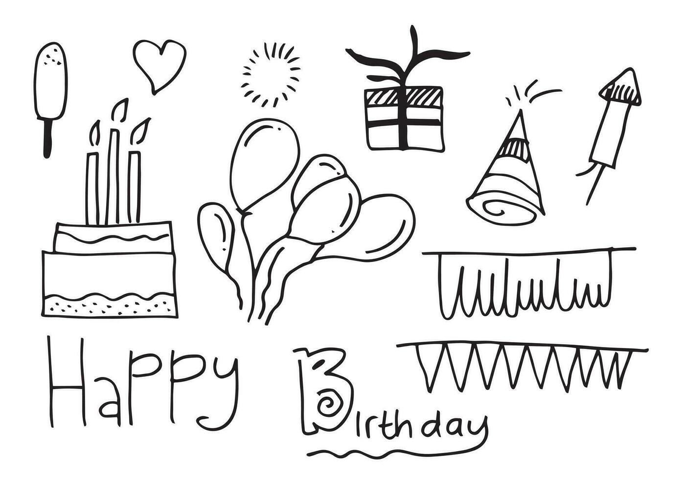 conjunto de objetos de desenhos animados doodle desenhados à mão e símbolos na festa de aniversário. vetor