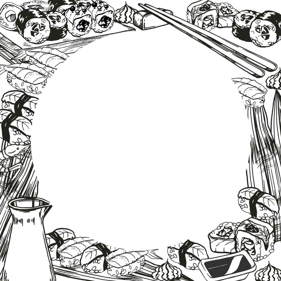 vetor ilustração do japonês Comida tema com rolos, Sushi, sashimi, soja molho, pauzinhos, mão desenhado coberto monocromático esboço do frutos do mar, quadro, Armação isolado em branco fundo