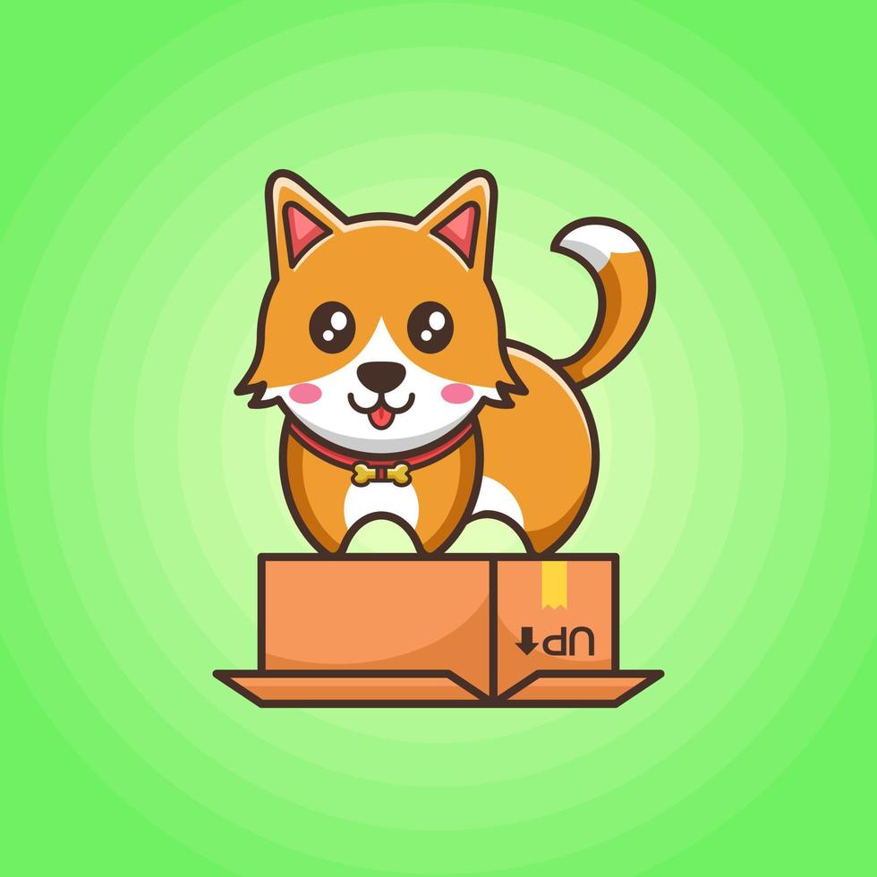 cachorrinho fofo laranja com rosto sorridente e colar de osso fica em cima de uma caixa virada com fundo verde vetor