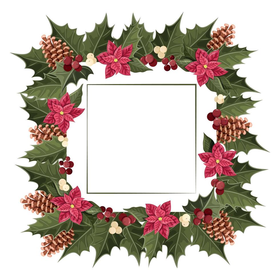 quadro com elementos de Natal. espaço vazio para o texto. cones, poinsétia, azevinho. design da natureza. cartão de felicitações, modelo de pôster. vetor