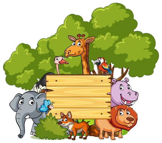 Placa de madeira com muitos animais selvagens vetor