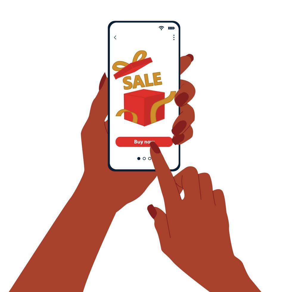 as mãos de uma mulher afro-americana seguram um telefone celular com um aplicativo de loja online para grandes vendas. ilustração vetorial plana isolada vetor
