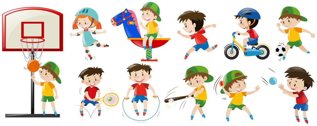 Crianças jogando esportes diferentes e jogo vetor