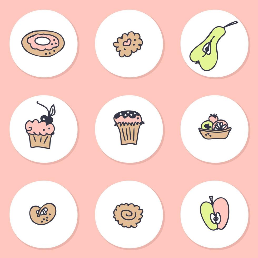A história do instagram destaca um conjunto de ícones de bolos e frutas. design de logotipo para cafés e padarias. mão desenhada ilustração vetorial. vetor
