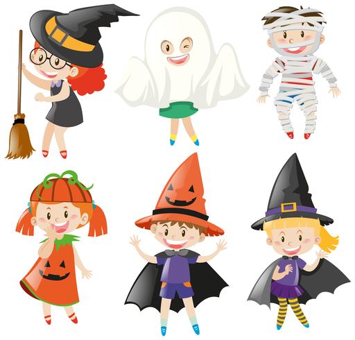 Meninos e meninas em trajes de halloween vetor