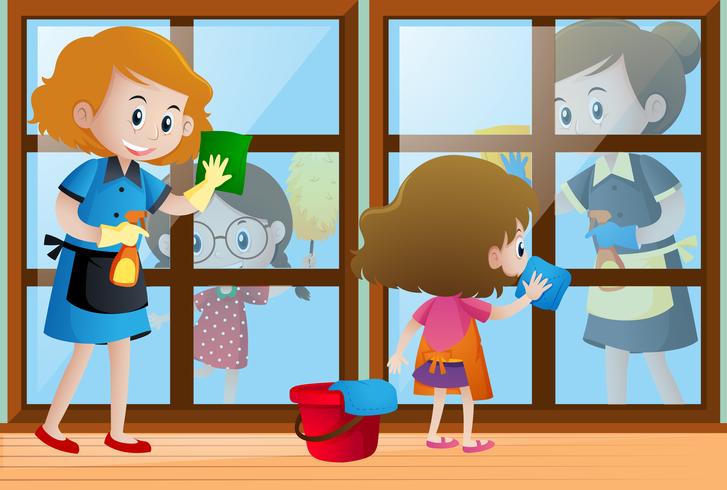 Crianças ajudando limpadores limpando as janelas vetor