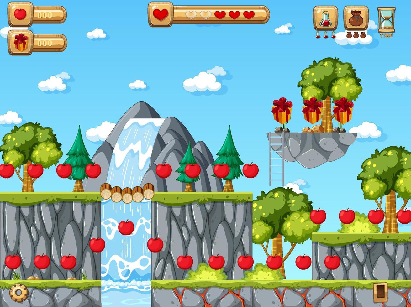 modelo de cena de jogo de plataforma com jogo de coleta de maçãs