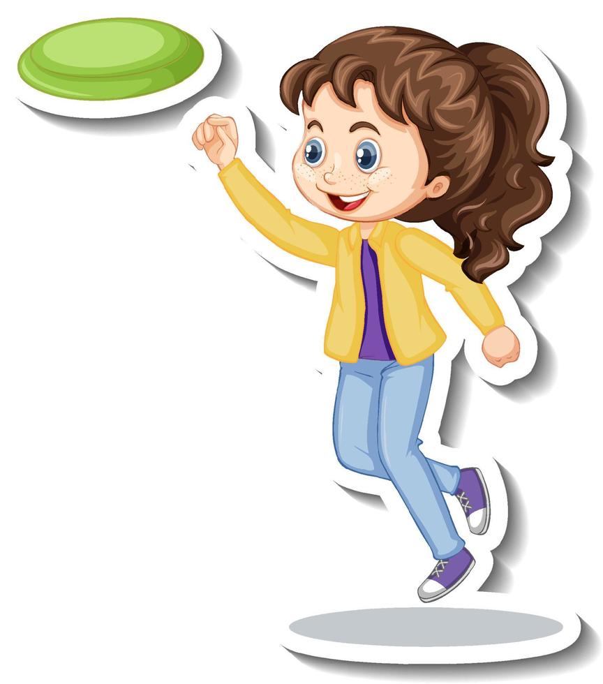 adesivo de garota jogando frisbee com personagem de desenho animado vetor