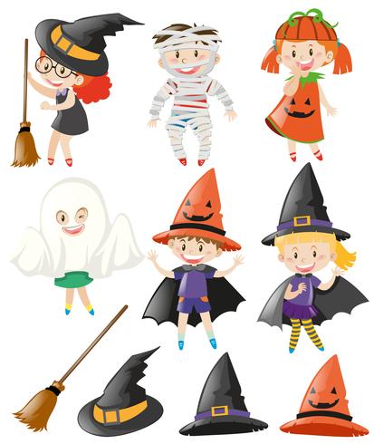 Halloween conjunto com crianças em trajes vetor