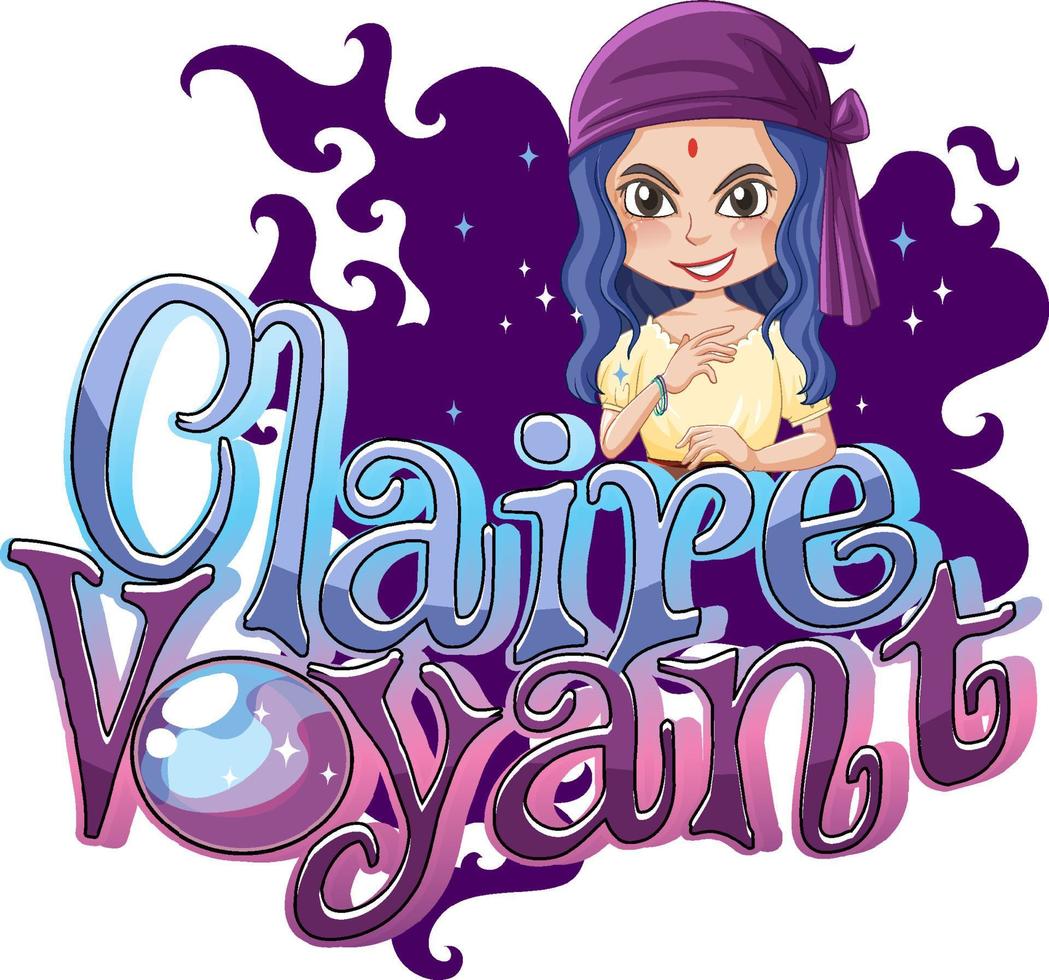 Projeto de texto do logotipo de claire voyant com personagem de desenho animado de menina vetor