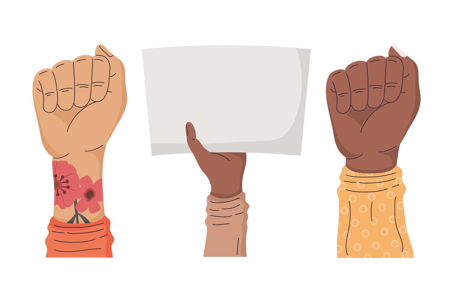 três mãos de manifestantes inter-raciais vetor