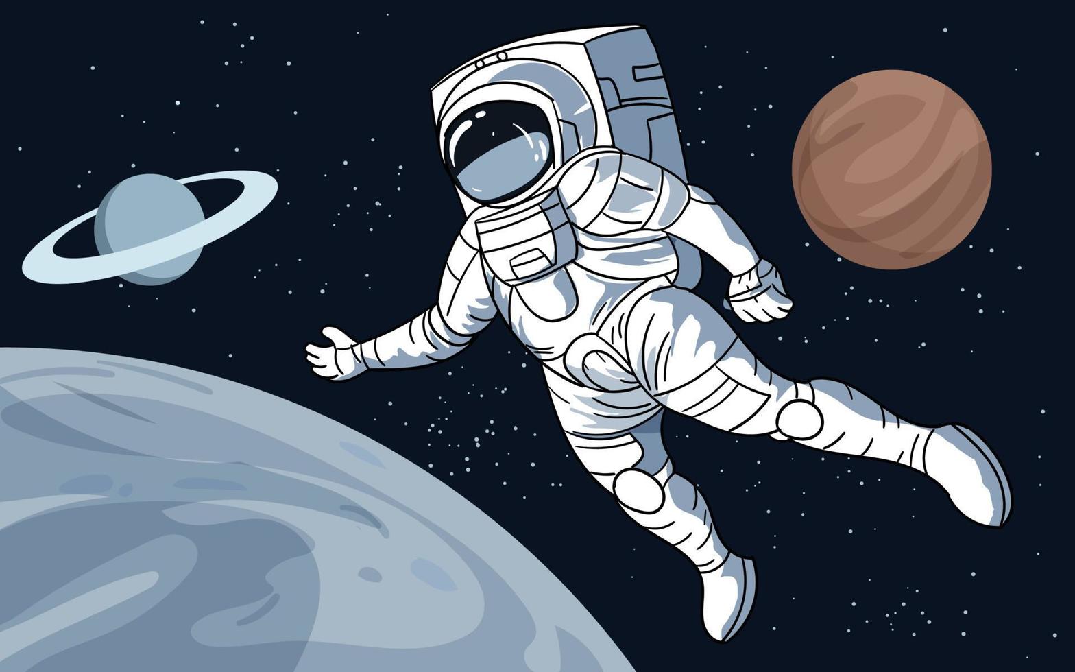 astronauta flutuando sobre a lua com planetas e estrelas vetor