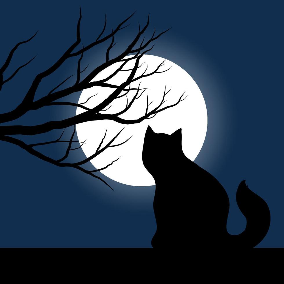 cena noturna com gato, lua e árvores em silhueta vetor