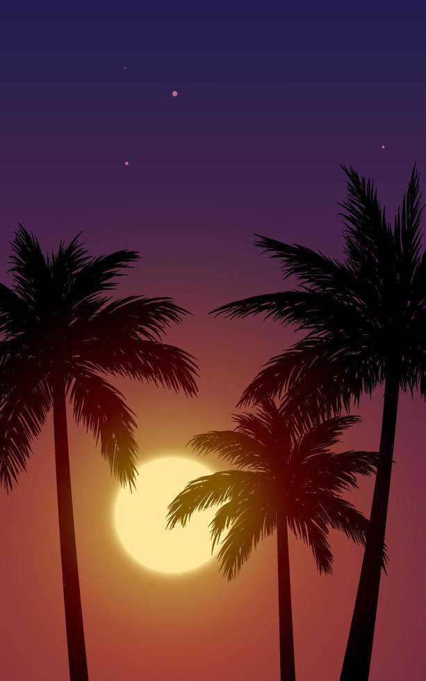 vista do pôr do sol tropical com palmeiras em silhueta vetor