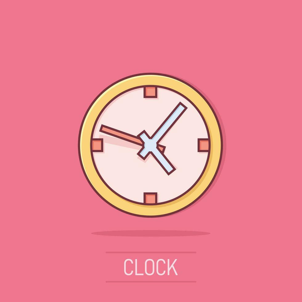 ícone de sinal de relógio em estilo cômico. ilustração de desenho vetorial de gerenciamento de tempo em fundo branco isolado. efeito de respingo de conceito de negócio de temporizador. vetor