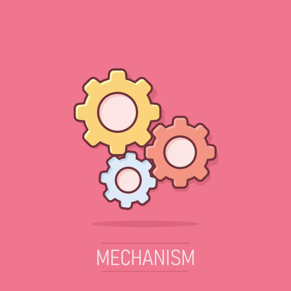 engrenagem vetor ícone dentro quadrinho estilo. roda dentada roda desenho animado ilustração em isolado fundo. roda de engrenagem roda dentada o negócio conceito respingo efeito.
