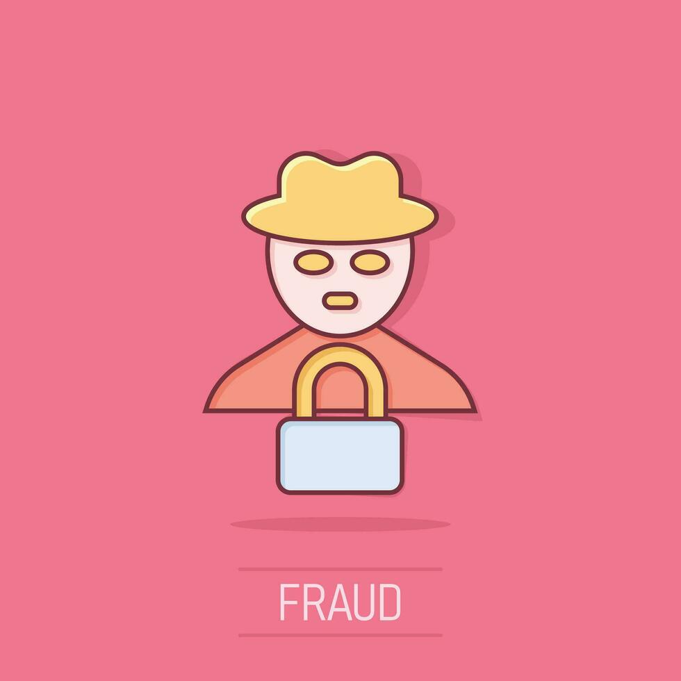 ícone de hacker de fraude em estilo cômico. ilustração em vetor espião dos desenhos animados no fundo isolado. cyber defender conceito de negócio de efeito de respingo.