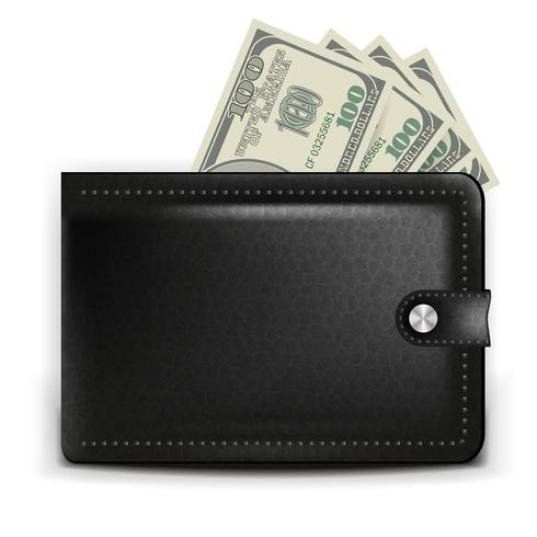 Uma bolsa preta realista com um cartão de pagamento e moedas vetor