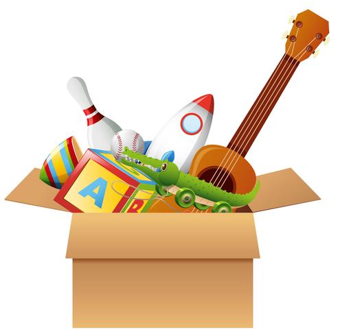 Caixa de cartão com brinquedos e instrumentos musicais vetor