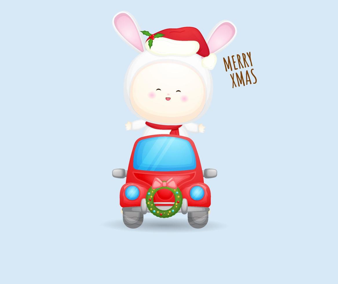 bebê fofo papai noel em carro vermelho para feliz natal ilustração vetor premium