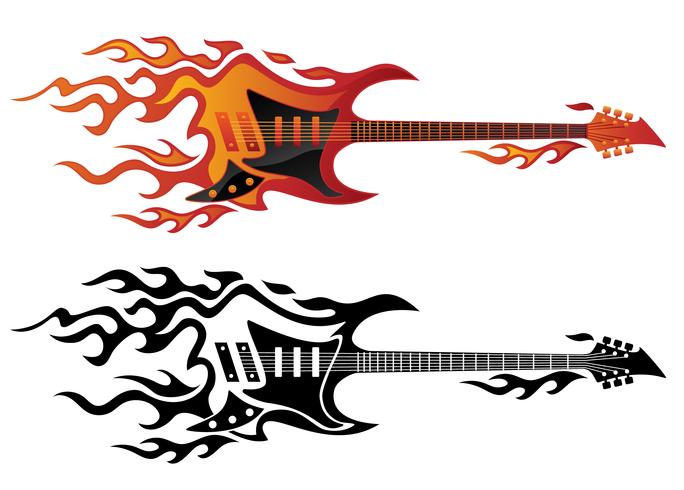 Guitarra elétrica em chamas em cores e chamas pretas vector illustration