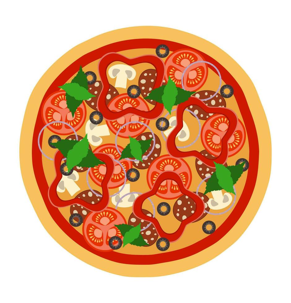 grande volta pizza com queijo tomate salame Oliva cogumelo cebola estoque vetor ilustração isolado em branco fundo