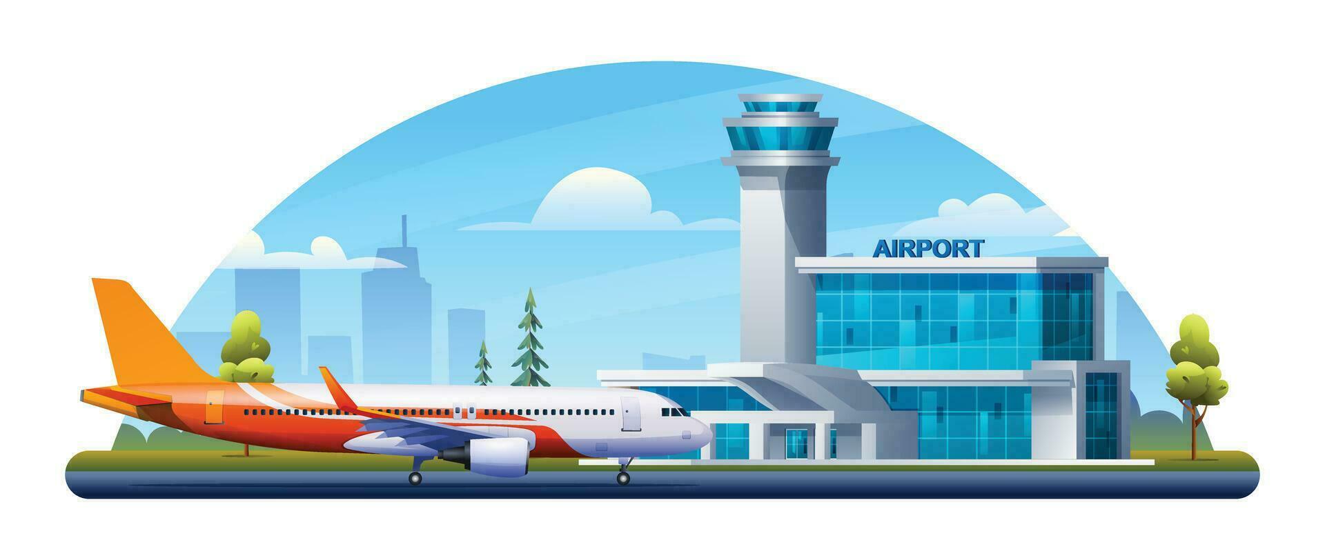 internacional aeroporto construção com avião, terminal, portão e pista em paisagem urbana. vetor desenho animado ilustração