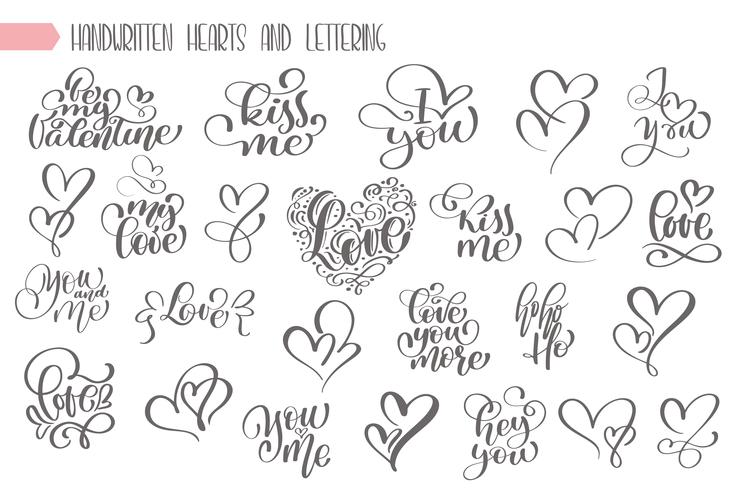 Grande conjunto de escritos à mão lettering sobre amor vetor