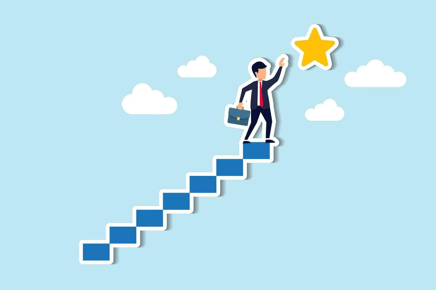 esperança de sucesso nos negócios, realização ou alcance de objetivo de negócios, conceito de recompensa e motivação, empresário confiante e inteligente sobe a escada até o topo para alcançar a preciosa recompensa em estrela. vetor
