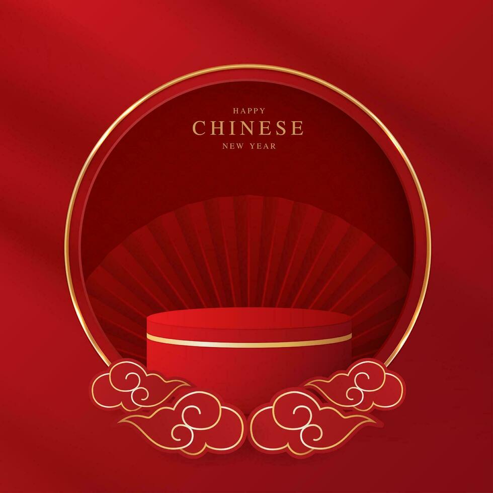 estilo chinês de palco de pódio para o ano novo chinês e festivais ou festival do meio do outono com fundo vermelho. simular o palco com lanternas festivas e nuvens. projeto do vetor. vetor