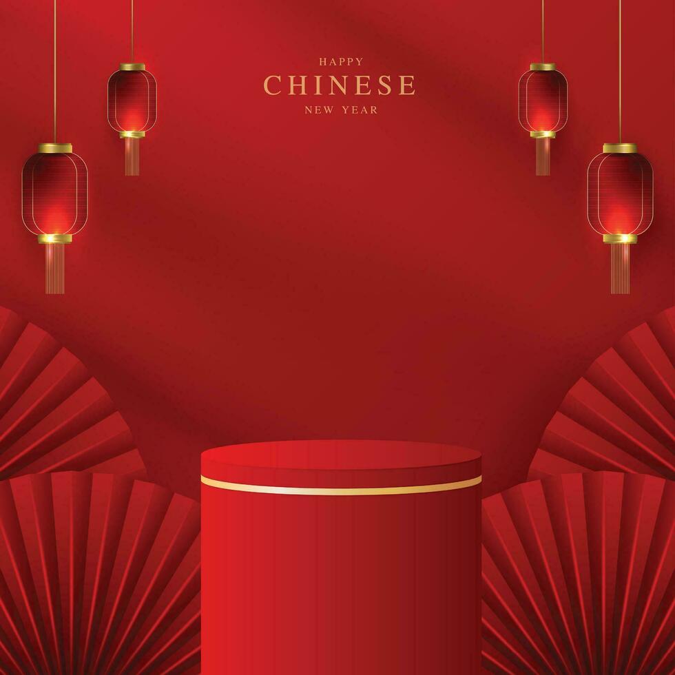 estilo chinês de palco de pódio para o ano novo chinês e festivais ou festival do meio do outono com fundo vermelho. simular o palco com lanternas festivas e nuvens. projeto do vetor. vetor